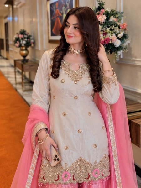 White Pink Fendy Silk Embroidered Kurti Flared Palazzo with Organza Dupatta For Wedding Ready To Wear Collection