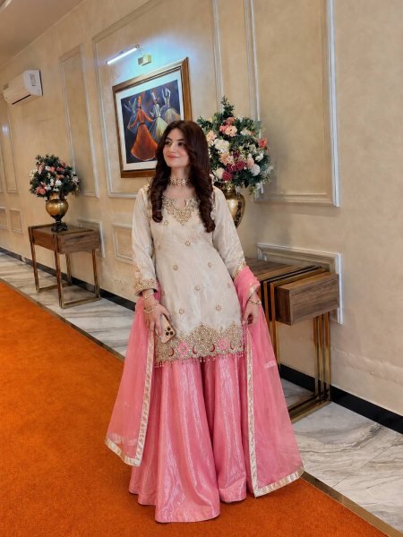 White Pink Fendy Silk Embroidered Kurti Flared Palazzo with Organza Dupatta For Wedding Ready To Wear Collection