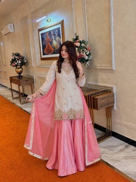 White Pink Fendy Silk Embroidered Kurti Flared Palazzo with Organza Dupatta For Wedding Ready To Wear Collection