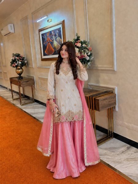 White Pink Fendy Silk Embroidered Kurti Flared Palazzo with Organza Dupatta For Wedding Ready To Wear Collection