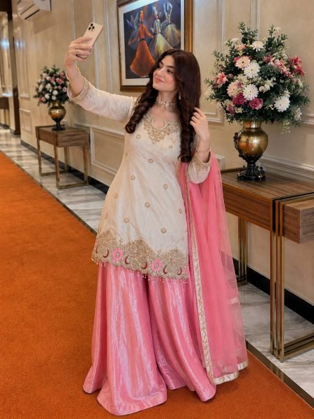 White Pink Fendy Silk Embroidered Kurti Flared Palazzo with Organza Dupatta For Wedding Ready To Wear Collection