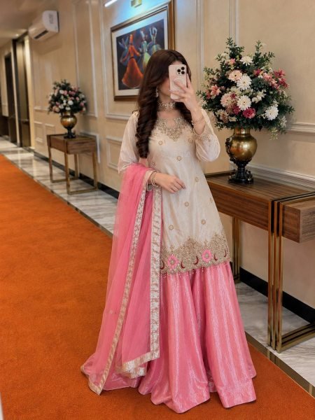 White Pink Fendy Silk Embroidered Kurti Flared Palazzo with Organza Dupatta For Wedding Ready To Wear Collection