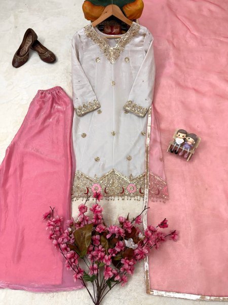 White Pink Fendy Silk Embroidered Kurti Flared Palazzo with Organza Dupatta For Wedding Ready To Wear Collection