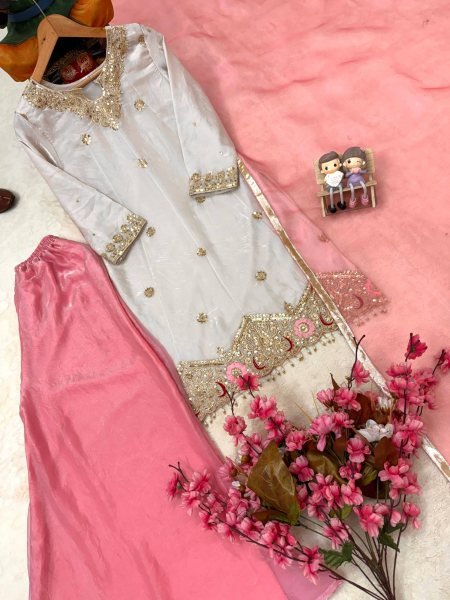 White Pink Fendy Silk Embroidered Kurti Flared Palazzo with Organza Dupatta For Wedding Ready To Wear Collection