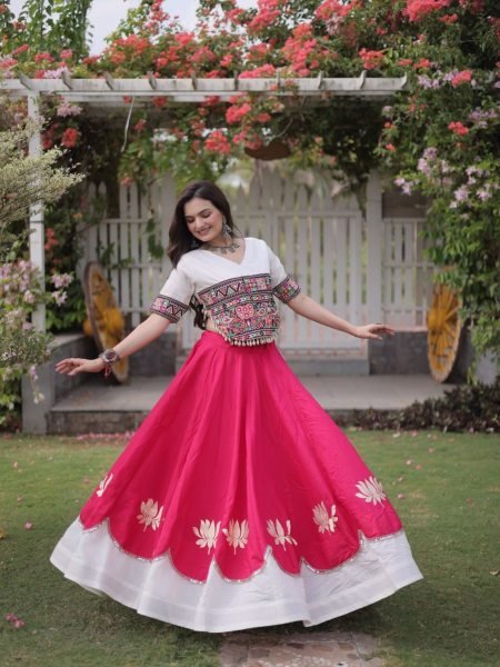 White Pink Festival Wear Lehenga Choli with Kutchi Gamthi Embroidery and Codi Lace  Lehenga