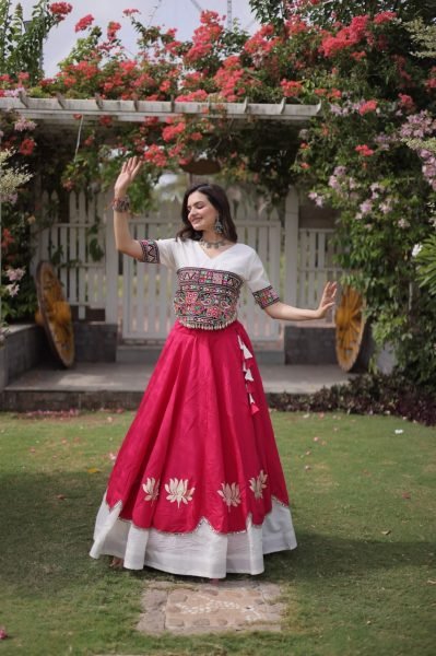 White Pink Festival Wear Lehenga Choli with Kutchi Gamthi Embroidery and Codi Lace Navratri Lehnega Choli