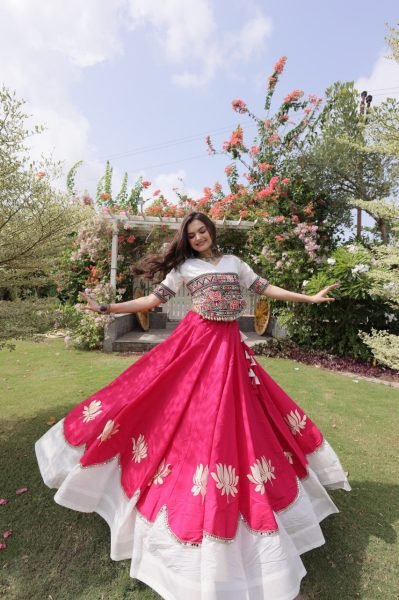 White Pink Festival Wear Lehenga Choli with Kutchi Gamthi Embroidery and Codi Lace Navratri Lehnega Choli