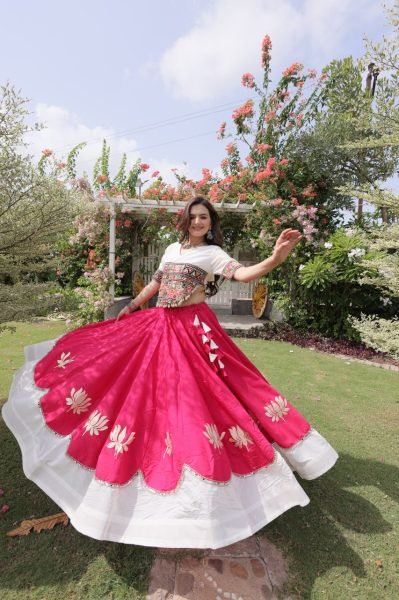 White Pink Festival Wear Lehenga Choli with Kutchi Gamthi Embroidery and Codi Lace Navratri Lehnega Choli
