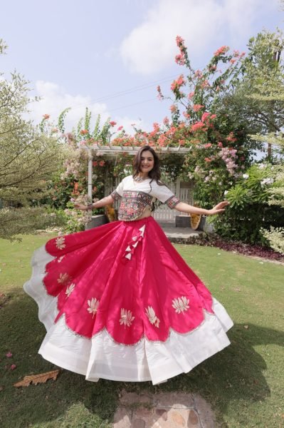 White Pink Festival Wear Lehenga Choli with Kutchi Gamthi Embroidery and Codi Lace Navratri Lehnega Choli