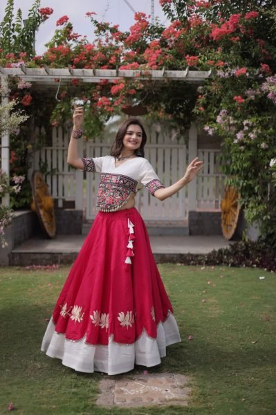 White Pink Festival Wear Lehenga Choli with Kutchi Gamthi Embroidery and Codi Lace Navratri Lehnega Choli