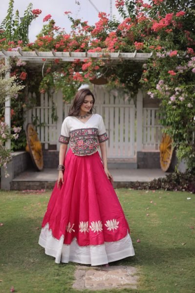 White Pink Festival Wear Lehenga Choli with Kutchi Gamthi Embroidery and Codi Lace Navratri Lehnega Choli