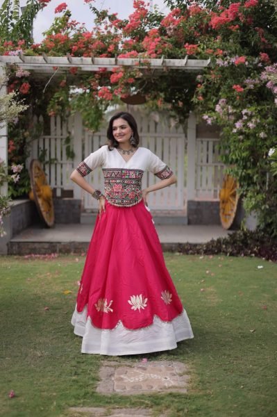 White Pink Festival Wear Lehenga Choli with Kutchi Gamthi Embroidery and Codi Lace Navratri Lehnega Choli