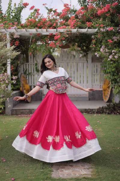 White Pink Festival Wear Lehenga Choli with Kutchi Gamthi Embroidery and Codi Lace Navratri Lehnega Choli