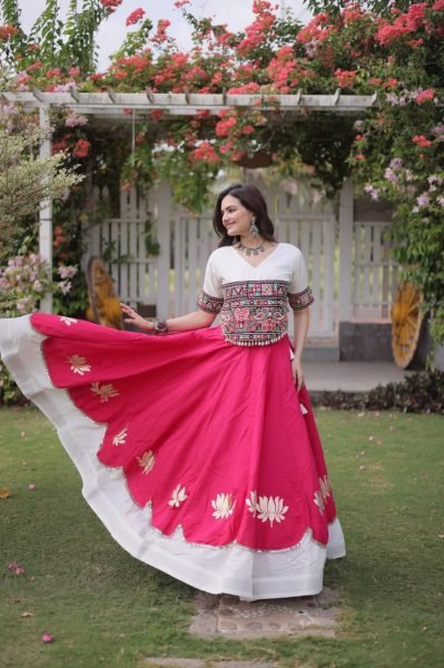 White Pink Festival Wear Lehenga Choli with Kutchi Gamthi Embroidery and Codi Lace Navratri Lehnega Choli