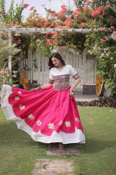 White Pink Festival Wear Lehenga Choli with Kutchi Gamthi Embroidery and Codi Lace Navratri Lehnega Choli