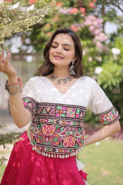 White Pink Festival Wear Lehenga Choli with Kutchi Gamthi Embroidery and Codi Lace Navratri Lehnega Choli