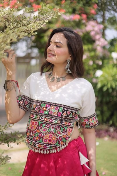 White Pink Festival Wear Lehenga Choli with Kutchi Gamthi Embroidery and Codi Lace Navratri Lehnega Choli