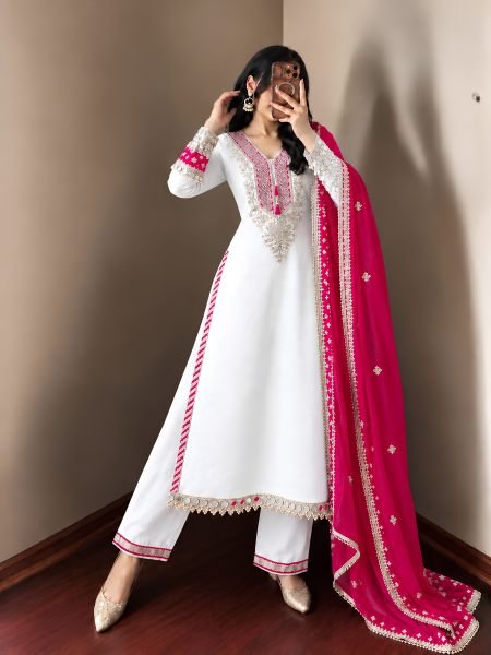 White Pink Heavy Pure Chinnon Kurti Pant Dupatta Set with Real Mirror Work For Diwali 