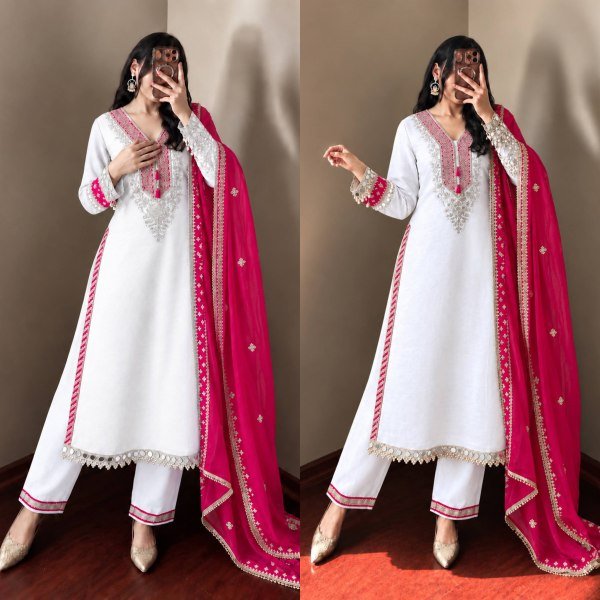 White Pink Heavy Pure Chinnon Kurti Pant Dupatta Set with Real Mirror Work For Diwali Ready To Wear Collection