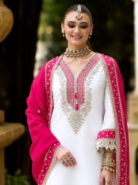 White Pink Heavy Pure Chinnon Kurti Pant Dupatta Set with Real Mirror Work For Diwali Ready To Wear Collection