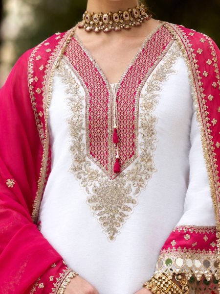 White Pink Heavy Pure Chinnon Kurti Pant Dupatta Set with Real Mirror Work For Diwali Ready To Wear Collection