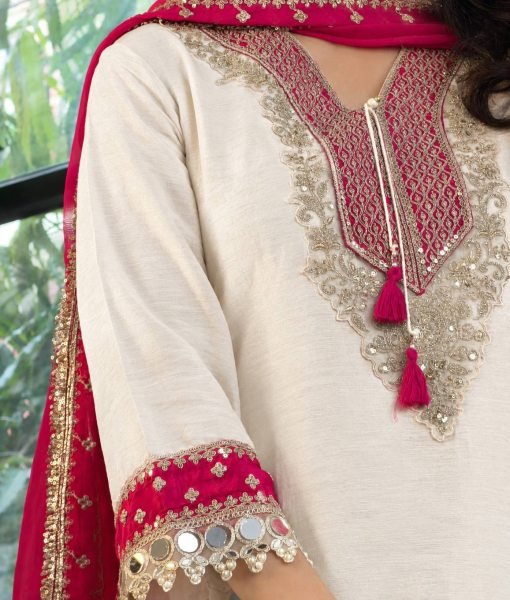 White Pink Heavy Pure Chinnon Kurti Pant Dupatta Set with Real Mirror Work For Diwali Ready To Wear Collection