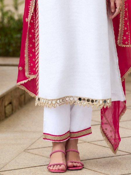 White Pink Heavy Pure Chinnon Kurti Pant Dupatta Set with Real Mirror Work For Diwali Ready To Wear Collection