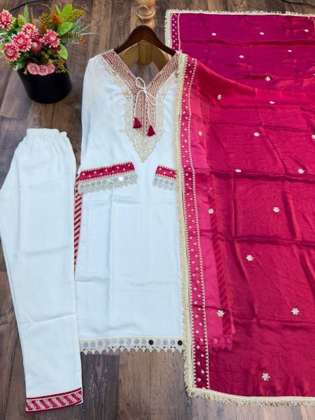 White Pink Heavy Pure Chinnon Kurti Pant Dupatta Set with Real Mirror Work For Diwali Ready To Wear Collection