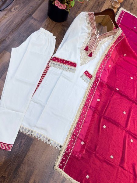 White Pink Heavy Pure Chinnon Kurti Pant Dupatta Set with Real Mirror Work For Diwali Ready To Wear Collection