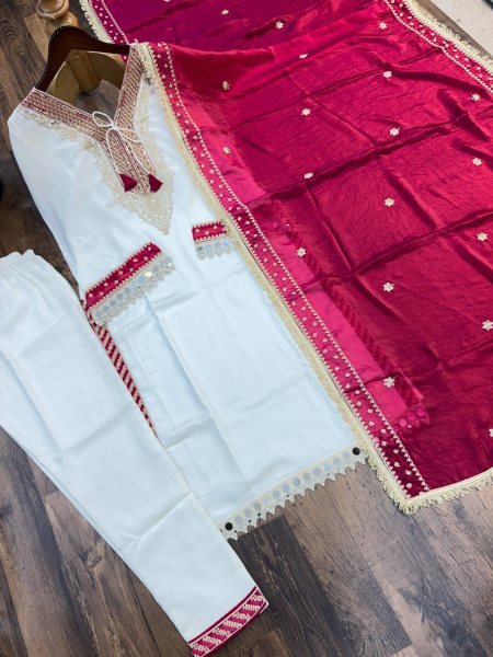 White Pink Heavy Pure Chinnon Kurti Pant Dupatta Set with Real Mirror Work For Diwali Ready To Wear Collection