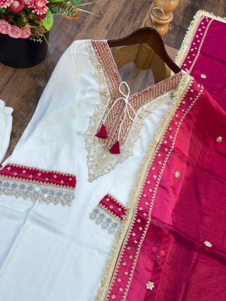 White Pink Heavy Pure Chinnon Kurti Pant Dupatta Set with Real Mirror Work For Diwali Ready To Wear Collection