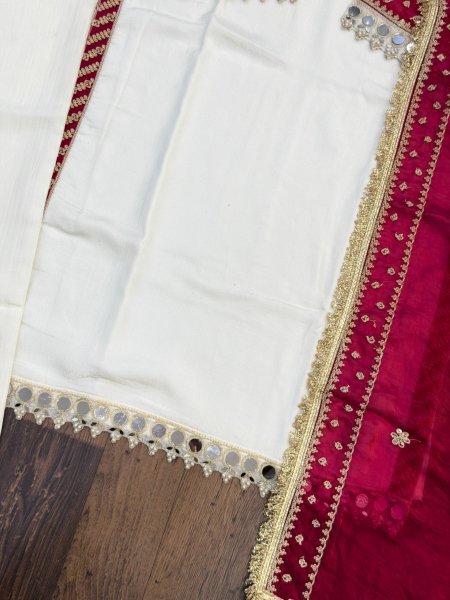 White Pink Heavy Pure Chinnon Kurti Pant Dupatta Set with Real Mirror Work For Diwali Ready To Wear Collection