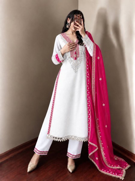 White Pink Heavy Pure Chinnon Kurti Pant Dupatta Set with Real Mirror Work For Diwali Ready To Wear Collection