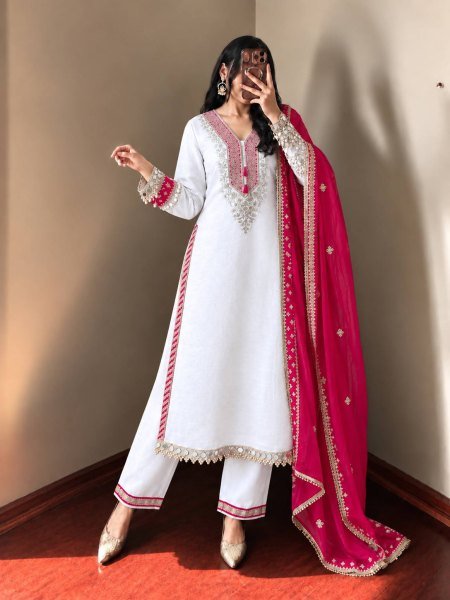 White Pink Heavy Pure Chinnon Kurti Pant Dupatta Set with Real Mirror Work For Diwali Ready To Wear Collection