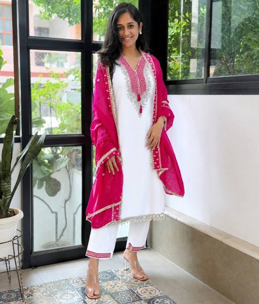 White Pink Heavy Pure Chinnon Kurti Pant Dupatta Set with Real Mirror Work For Diwali Ready To Wear Collection