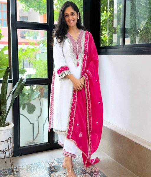 White Pink Heavy Pure Chinnon Kurti Pant Dupatta Set with Real Mirror Work For Diwali Ready To Wear Collection