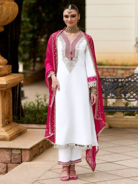 White Pink Heavy Pure Chinnon Kurti Pant Dupatta Set with Real Mirror Work For Diwali Ready To Wear Collection