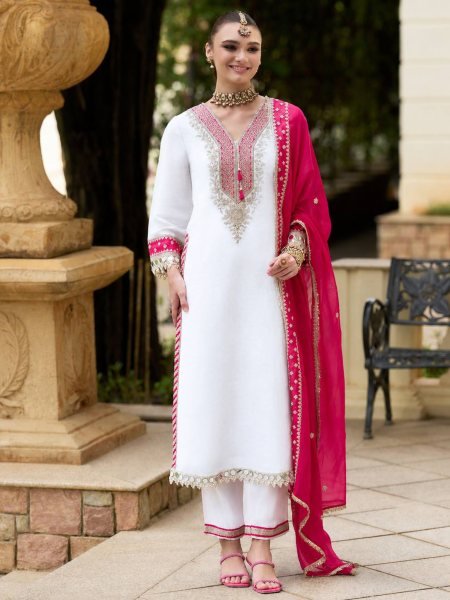 White Pink Heavy Pure Chinnon Kurti Pant Dupatta Set with Real Mirror Work For Diwali Ready To Wear Collection