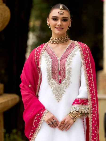 White Pink Heavy Pure Chinnon Kurti Pant Dupatta Set with Real Mirror Work For Diwali Ready To Wear Collection