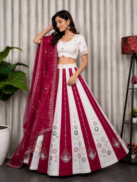 White Pink Roman Silk Bridal Style Lehenga Set with Multi Thread Embroidery and Sequin Navratri Lehnega Choli