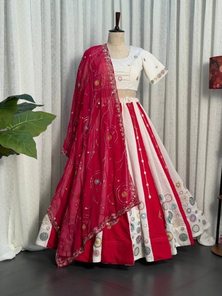 White Pink Roman Silk Bridal Style Lehenga Set with Multi Thread Embroidery and Sequin Navratri Lehnega Choli