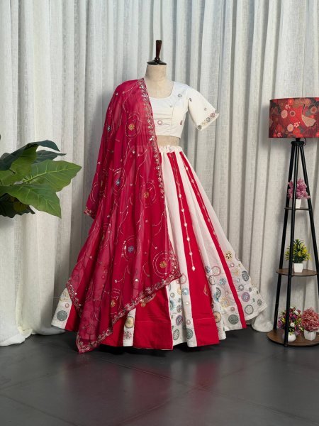 White Pink Roman Silk Bridal Style Lehenga Set with Multi Thread Embroidery and Sequin Navratri Lehnega Choli