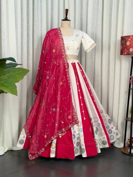 White Pink Roman Silk Bridal Style Lehenga Set with Multi Thread Embroidery and Sequin Navratri Lehnega Choli
