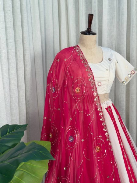 White Pink Roman Silk Bridal Style Lehenga Set with Multi Thread Embroidery and Sequin Navratri Lehnega Choli