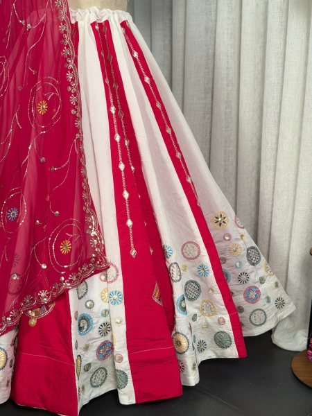White Pink Roman Silk Bridal Style Lehenga Set with Multi Thread Embroidery and Sequin Navratri Lehnega Choli