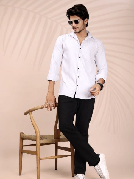 White Popcorn Texture Shirt for Men Smart Casual Look Mens Wear