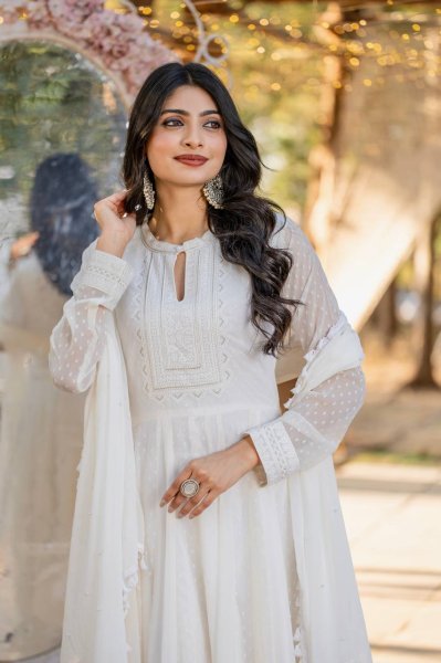 White Premium Festive Wear Georgette Anarkali Dress With  Embroidery Ready To Wear Collection