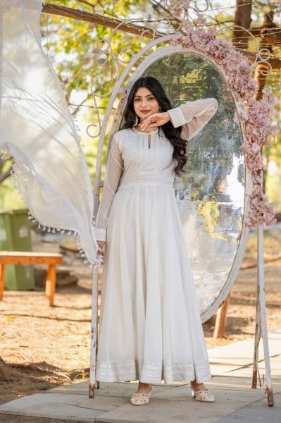 White Premium Festive Wear Georgette Anarkali Dress With  Embroidery Ready To Wear Collection