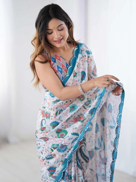 White Printed Chinon Silk Saree with Mirror Border and Multi Color Floral Design