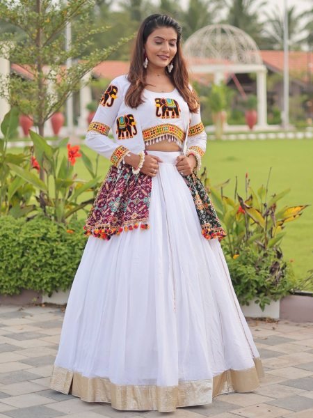 White Cotton Gamthi Work Navratri Lehenga with Koti and Kodi Lace Full Flare for Garba Nights  Lehenga